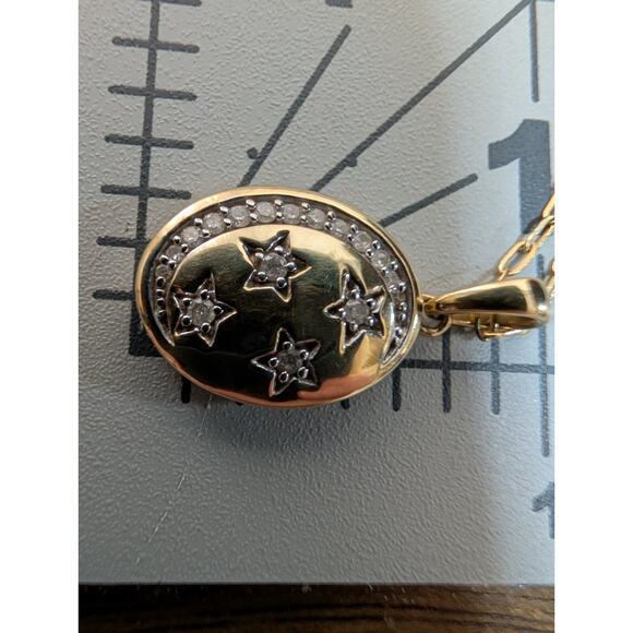 14K Yellow Gold Oval Pendant Moon Stars Diamond Accent Necklace 18" - Picture 10 of 11